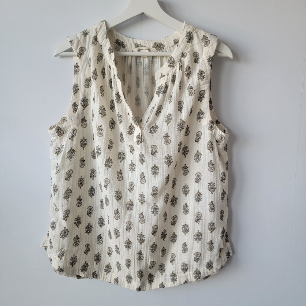 Lucky brand women's Ikat Print Sleeveless Cotton Gauze Top size M split V-neck